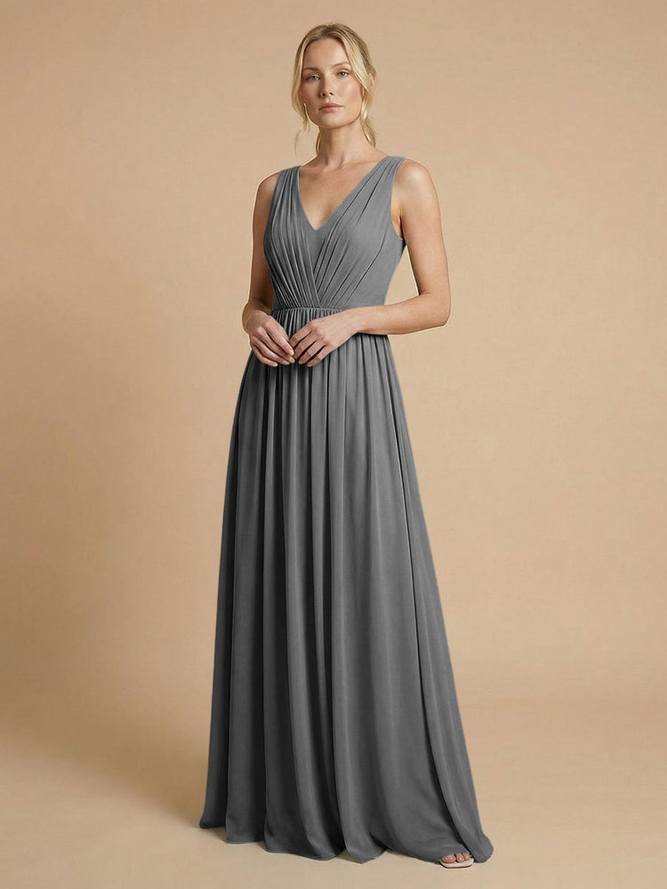 Chiffon A-Line V Neck Long Bridesmaid Dresses with Pleats