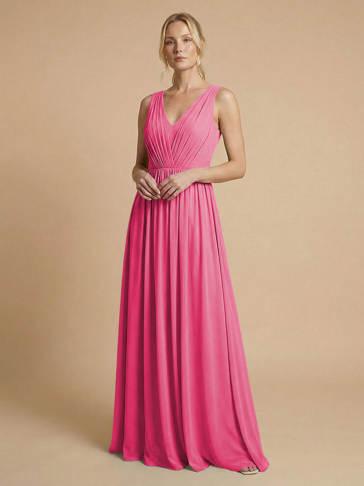 Chiffon A-Line V Neck Long Bridesmaid Dresses with Pleats