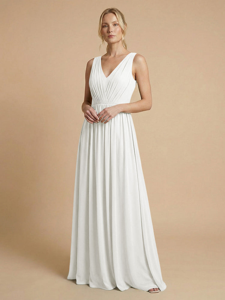 Chiffon A-Line V Neck Long Bridesmaid Dresses with Pleats