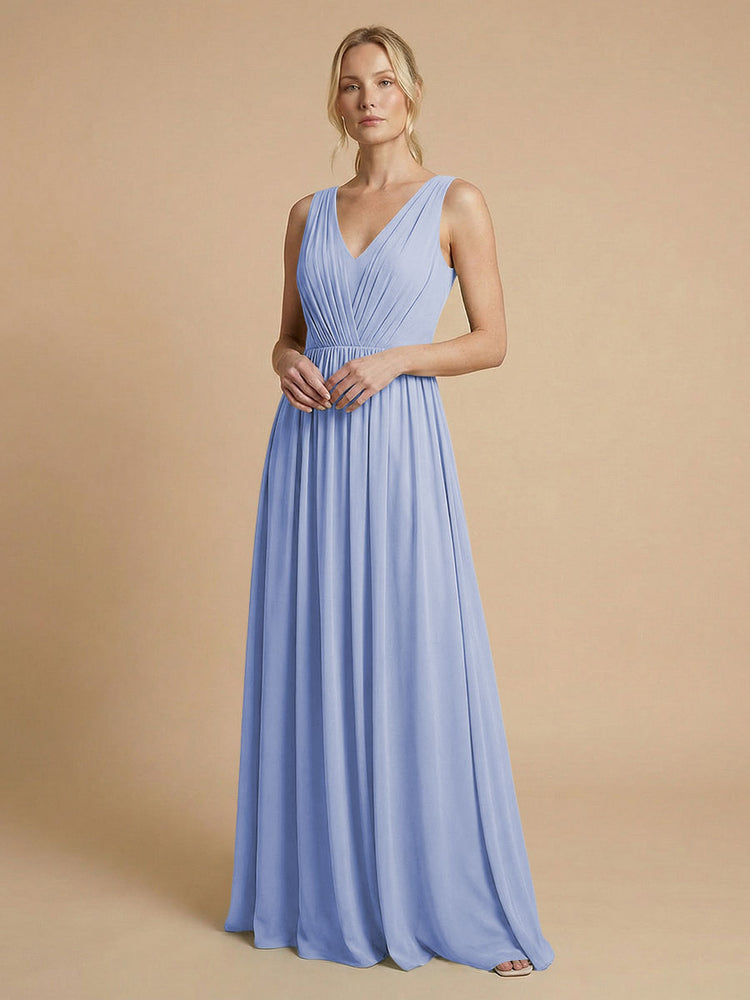 Chiffon A-Line V Neck Long Bridesmaid Dresses with Pleats