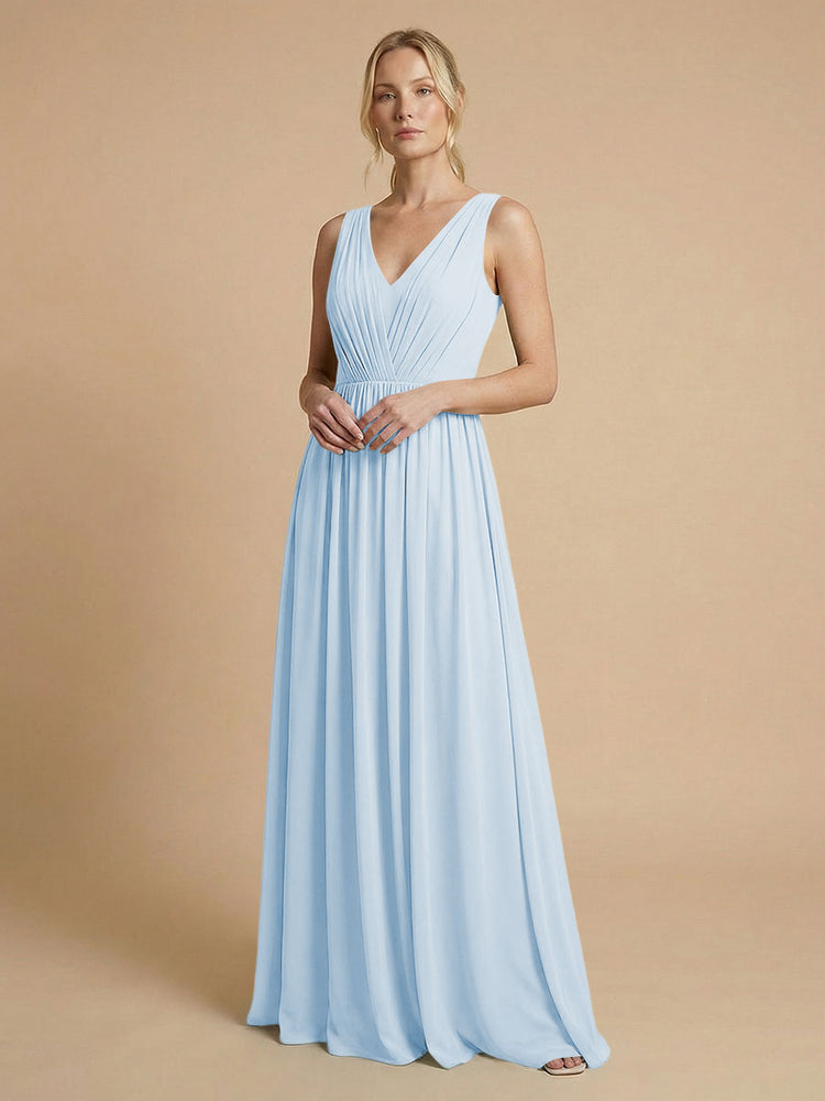 Chiffon A-Line V Neck Long Bridesmaid Dresses with Pleats