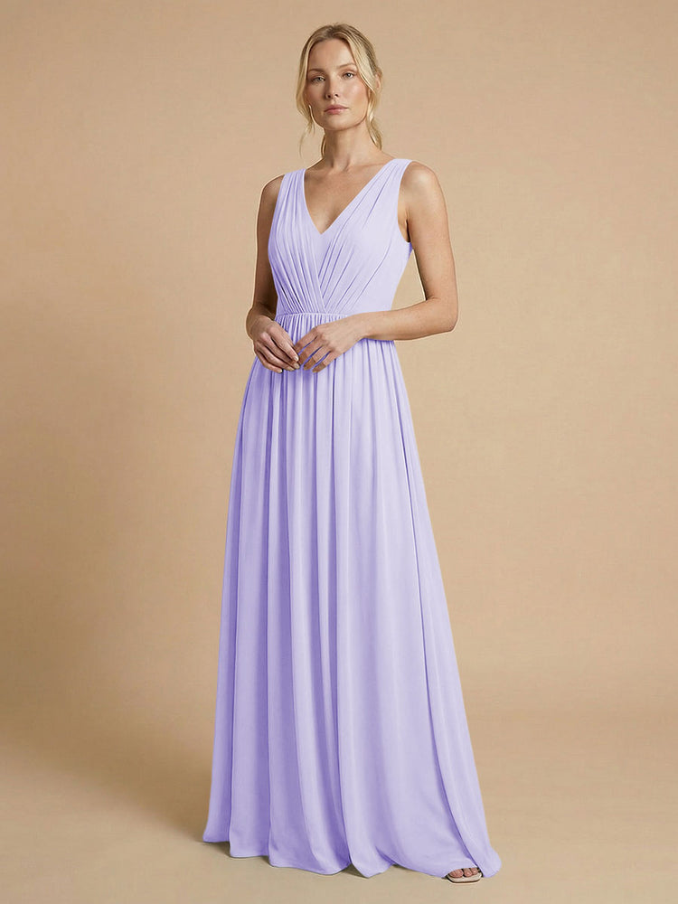 Chiffon A-Line V Neck Long Bridesmaid Dresses with Pleats