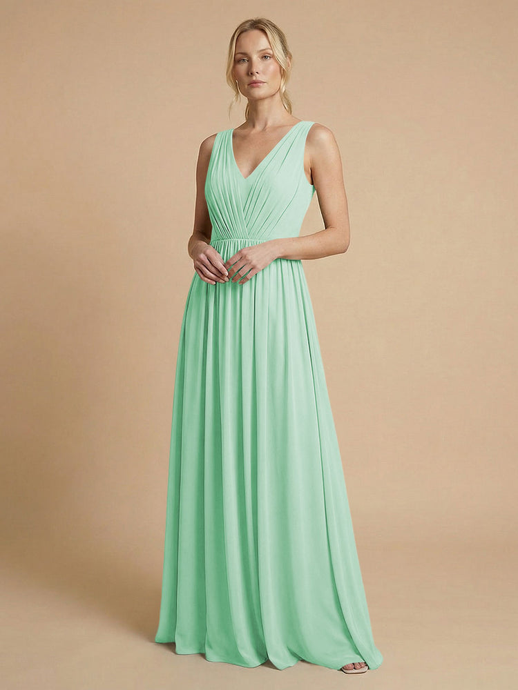 Chiffon A-Line V Neck Long Bridesmaid Dresses with Pleats