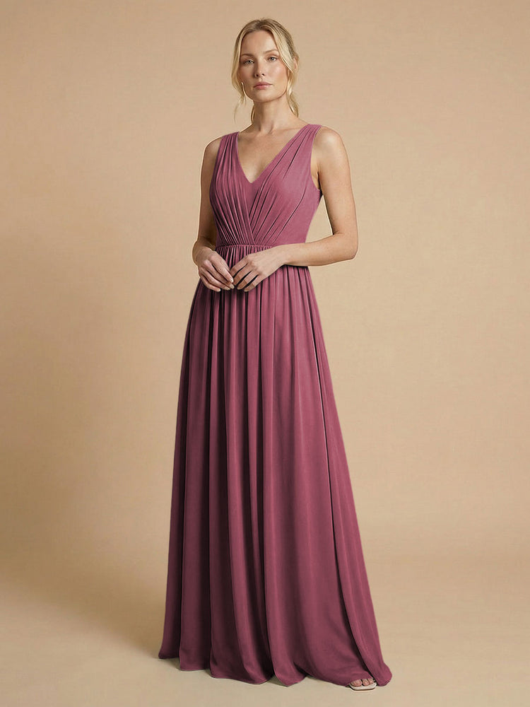 Chiffon A-Line V Neck Long Bridesmaid Dresses with Pleats