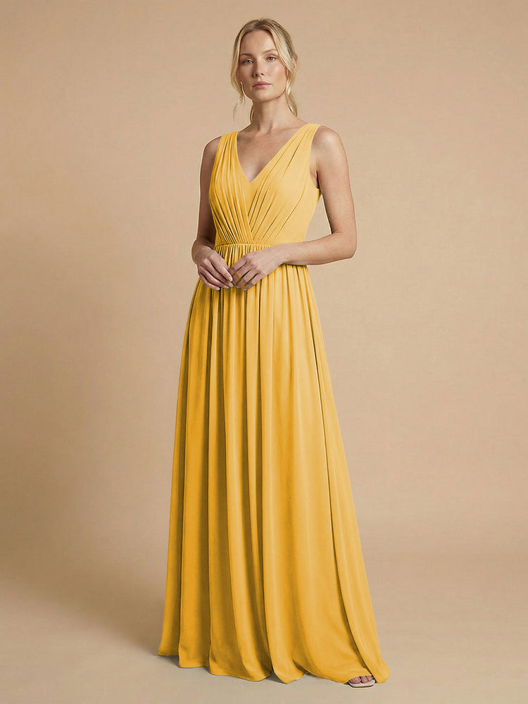 Chiffon A-Line V Neck Long Bridesmaid Dresses with Pleats