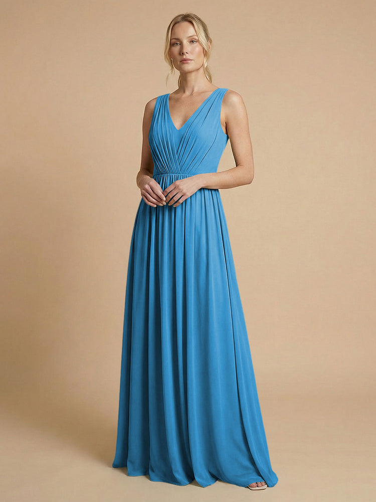 Chiffon A-Line V Neck Long Bridesmaid Dresses with Pleats