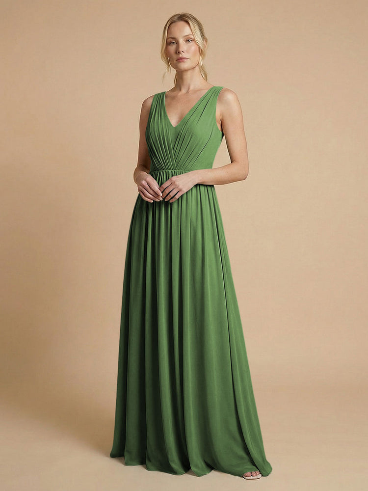 Chiffon A-Line V Neck Long Bridesmaid Dresses with Pleats