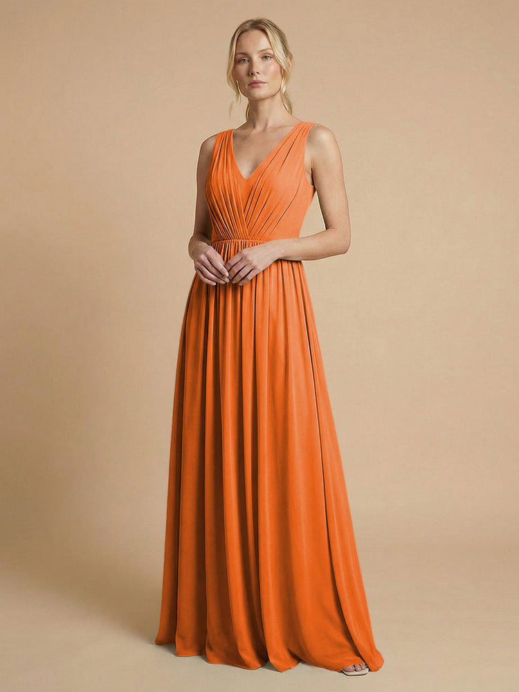 Chiffon A-Line V Neck Long Bridesmaid Dresses with Pleats