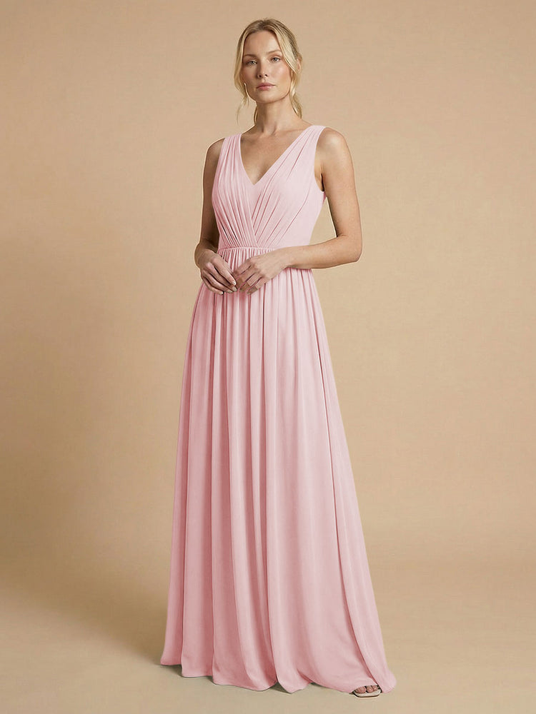 Chiffon A-Line V Neck Long Bridesmaid Dresses with Pleats