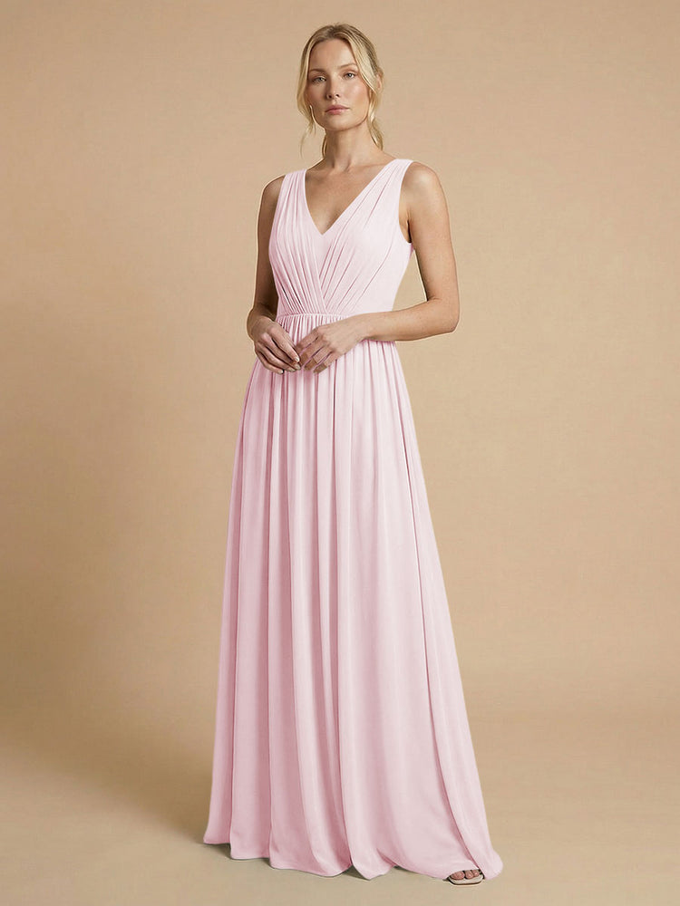 Chiffon A-Line V Neck Long Bridesmaid Dresses with Pleats