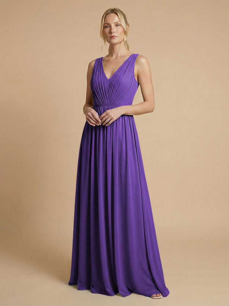 Chiffon A-Line V Neck Long Bridesmaid Dresses with Pleats