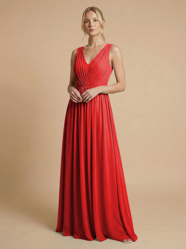 Chiffon A-Line V Neck Long Bridesmaid Dresses with Pleats