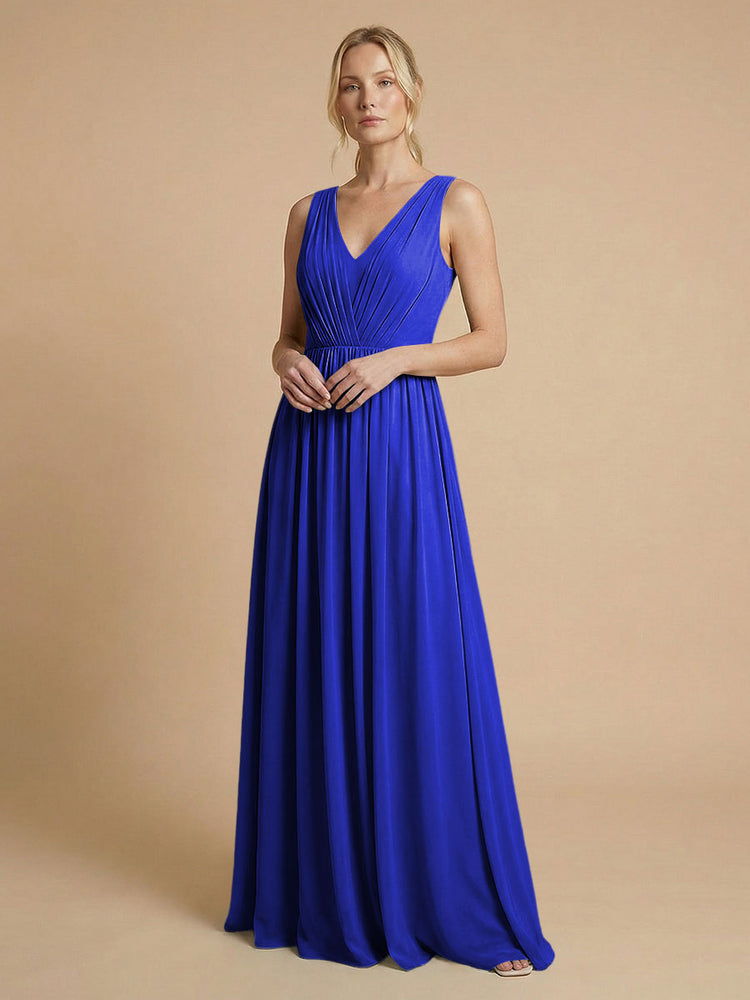 Chiffon A-Line V Neck Long Bridesmaid Dresses with Pleats