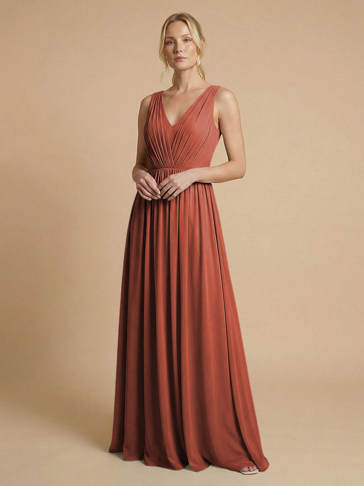 Chiffon A-Line V Neck Long Bridesmaid Dresses with Pleats