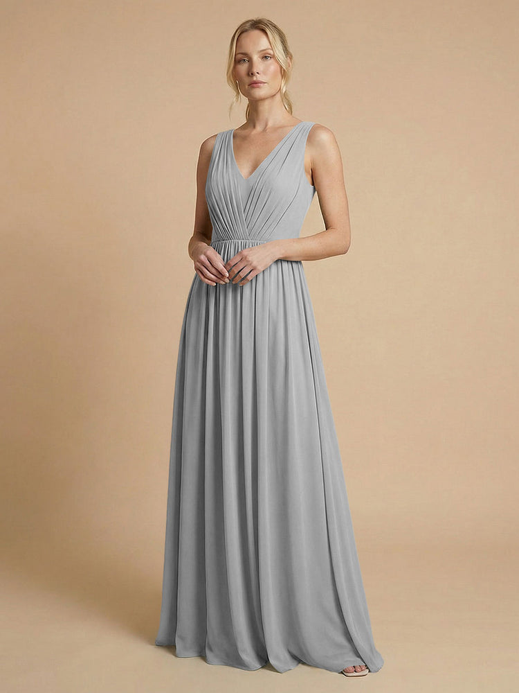 Chiffon A-Line V Neck Long Bridesmaid Dresses with Pleats