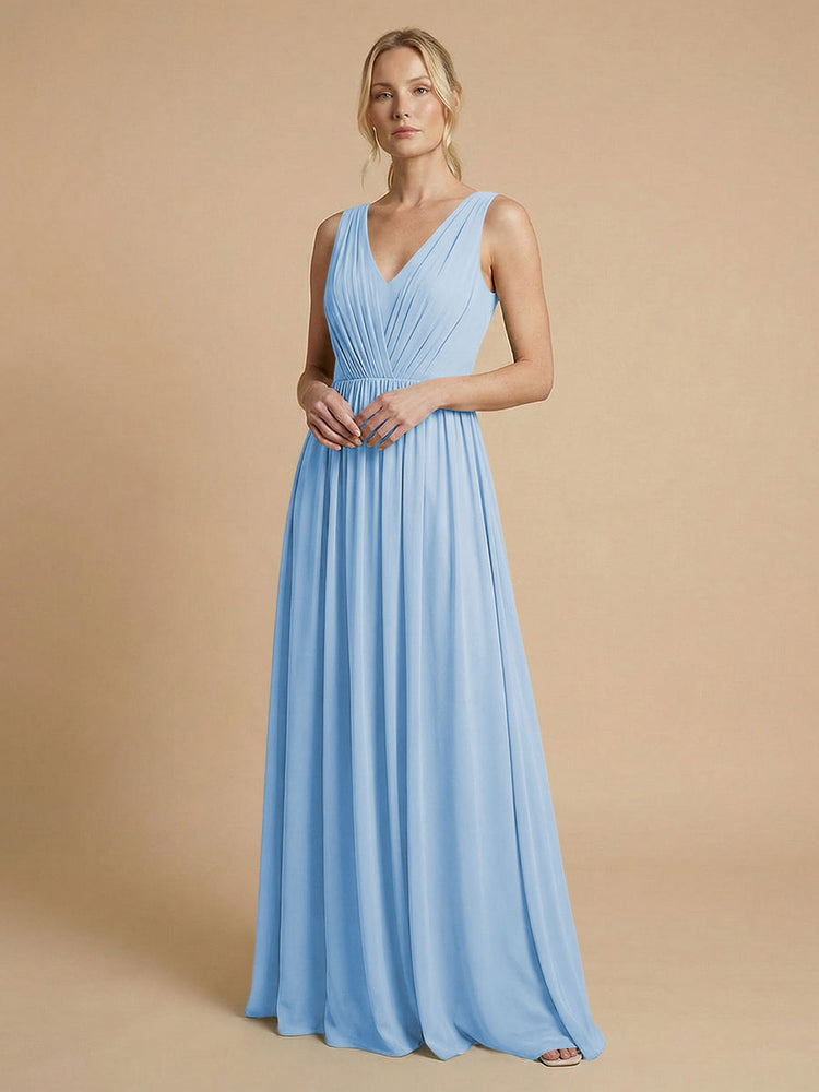 Chiffon A-Line V Neck Long Bridesmaid Dresses with Pleats
