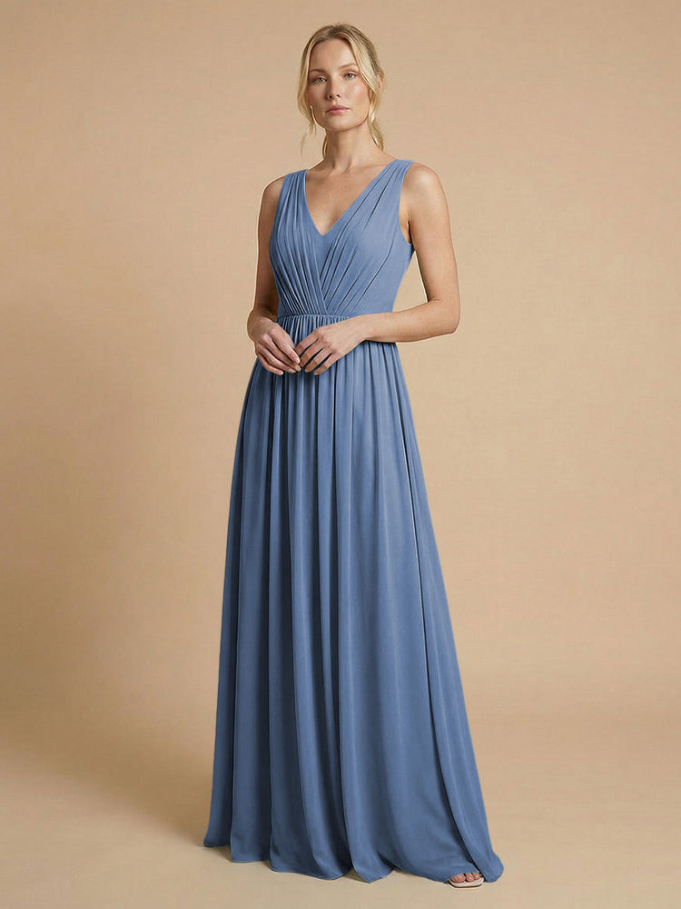 Chiffon A-Line V Neck Long Bridesmaid Dresses with Pleats