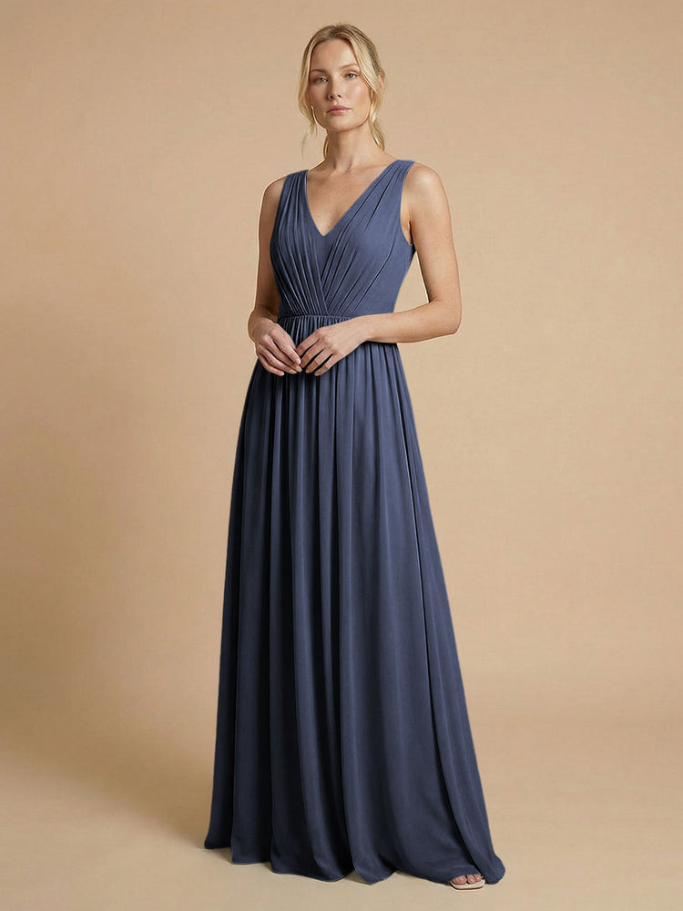 Chiffon A-Line V Neck Long Bridesmaid Dresses with Pleats