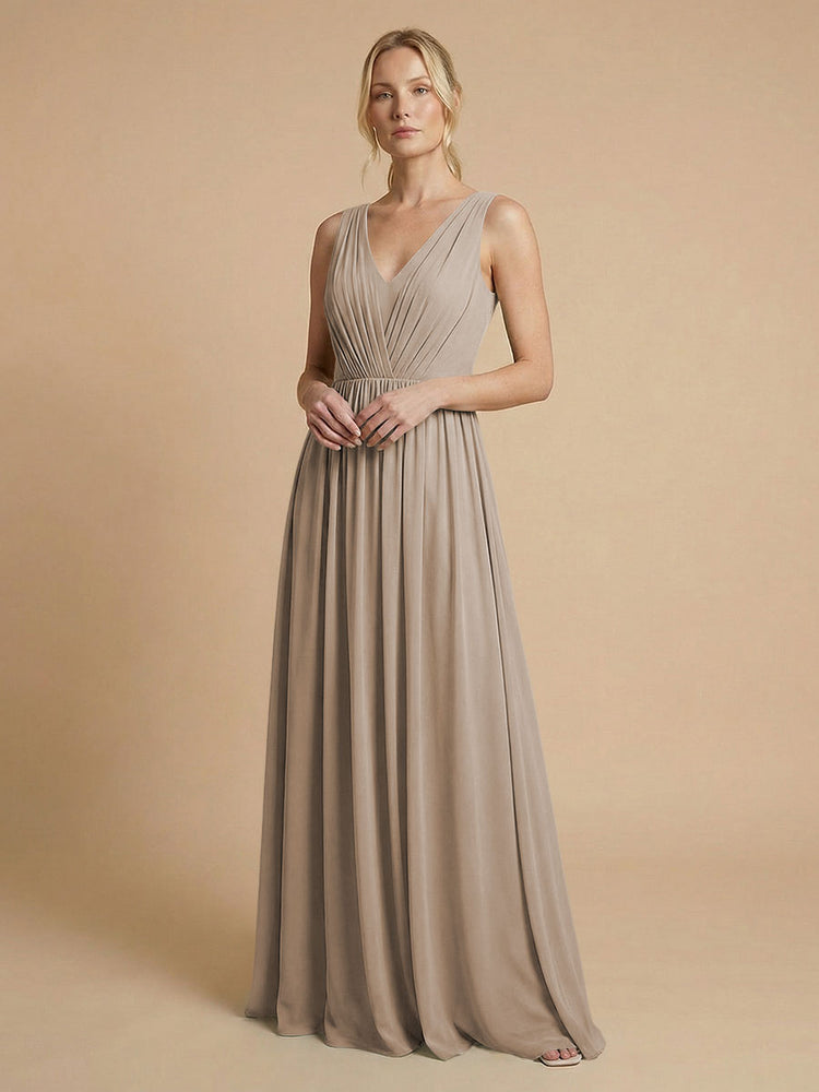 Chiffon A-Line V Neck Long Bridesmaid Dresses with Pleats