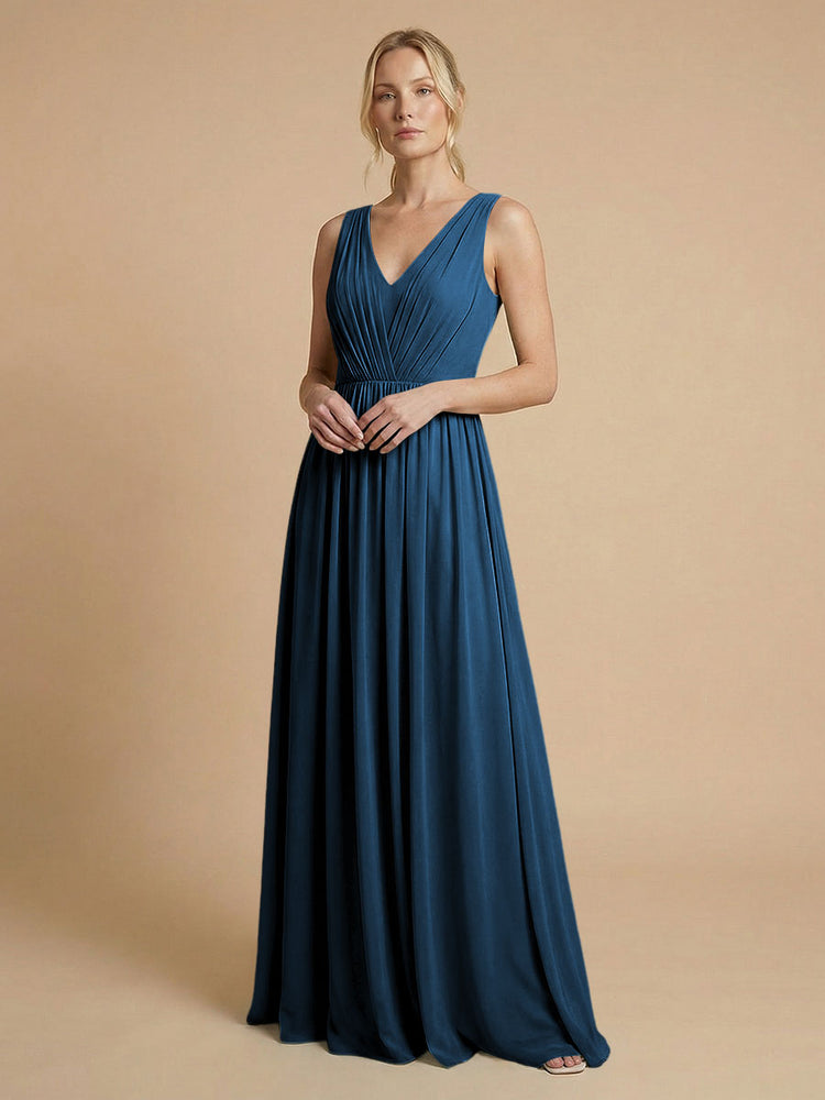 Chiffon A-Line V Neck Long Bridesmaid Dresses with Pleats