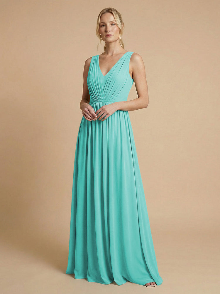 Chiffon A-Line V Neck Long Bridesmaid Dresses with Pleats