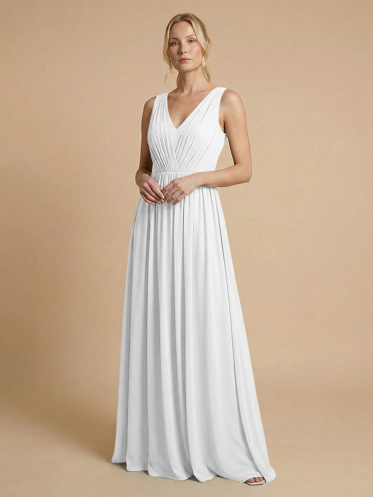 Chiffon A-Line V Neck Long Bridesmaid Dresses with Pleats