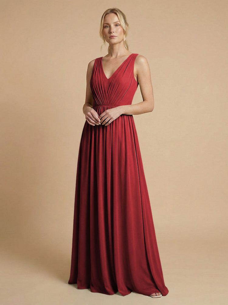 Chiffon A-Line V Neck Long Bridesmaid Dresses with Pleats
