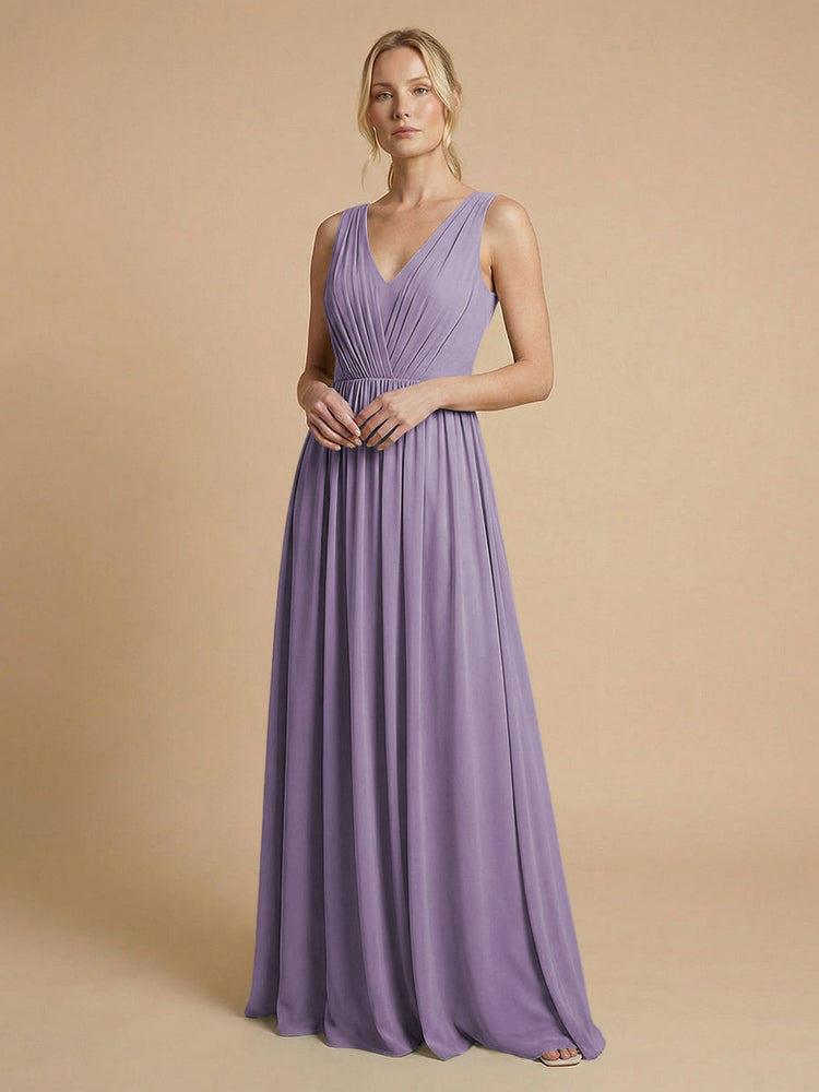 Chiffon A-Line V Neck Long Bridesmaid Dresses with Pleats