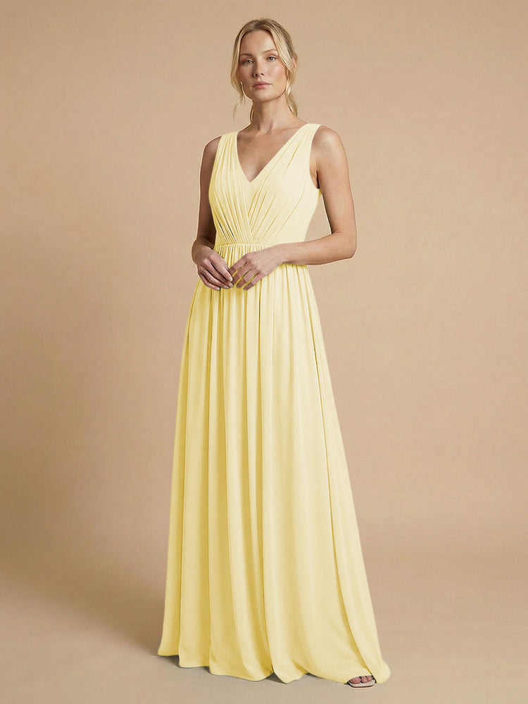 Chiffon A-Line V Neck Long Bridesmaid Dresses with Pleats