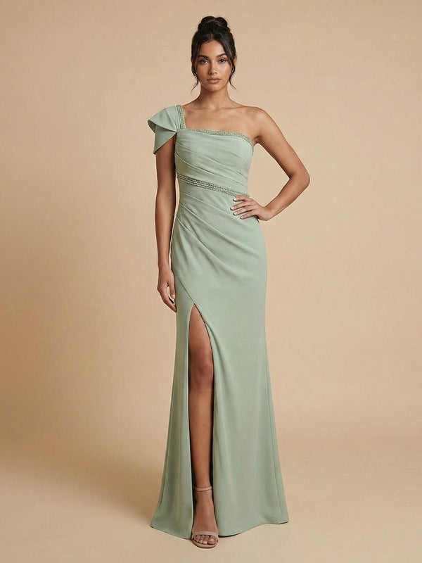 Chiffon Sheath One Shoulder Long Bridesmaid Dresses with Slit