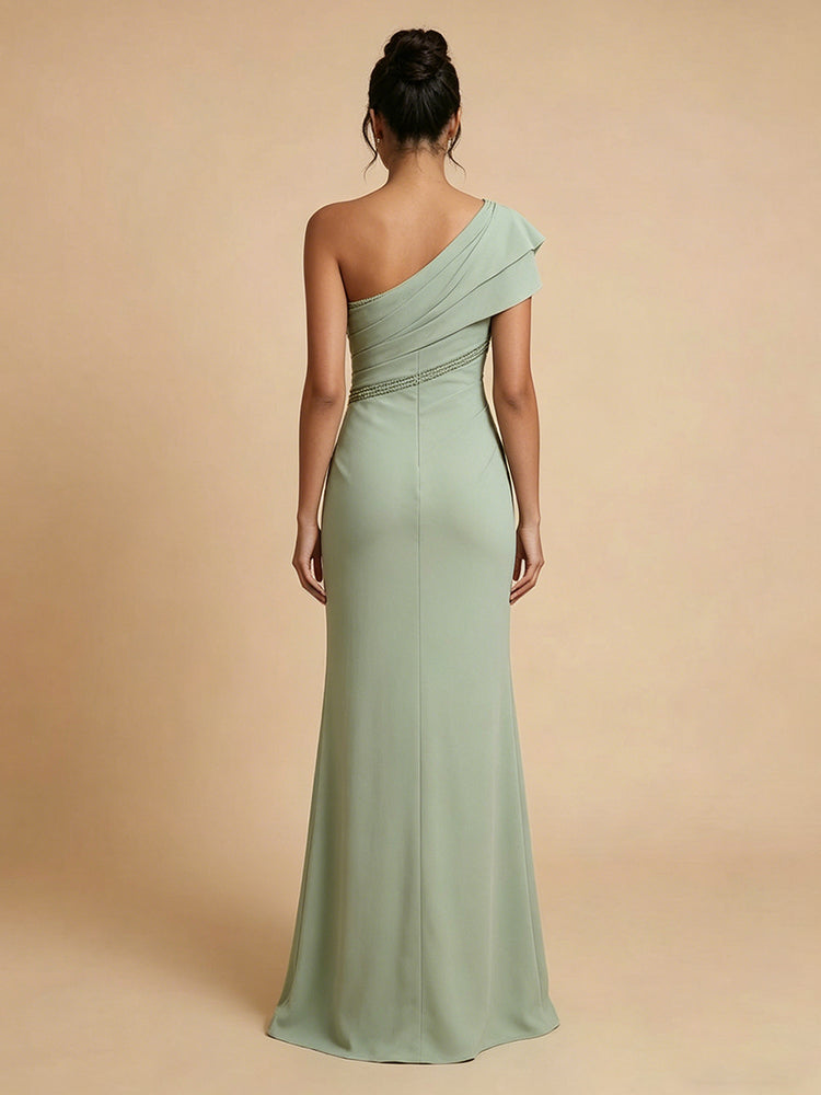Chiffon Sheath One Shoulder Long Bridesmaid Dresses with Slit