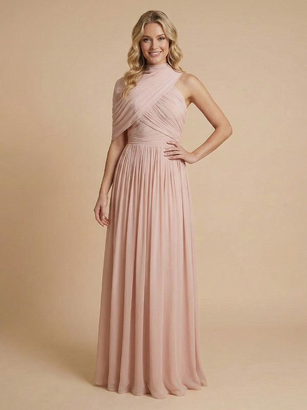 Chiffon A-Line High-Neck Asymmetric Long Bridesmaid Dresses with Pleats