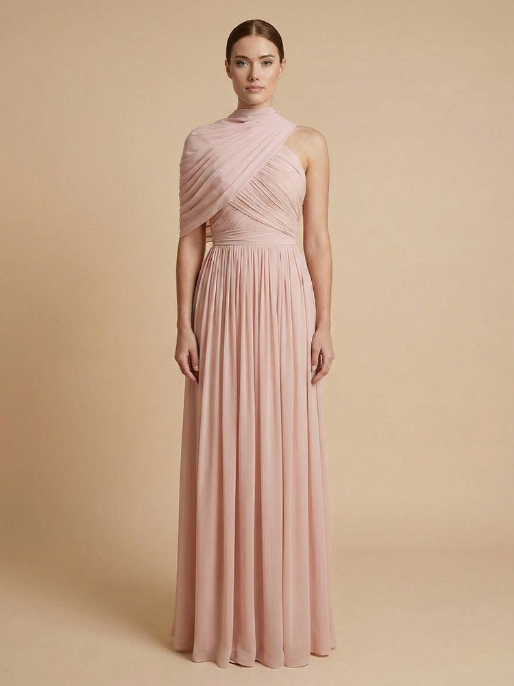 Chiffon A-Line High-Neck Asymmetric Long Bridesmaid Dresses with Pleats