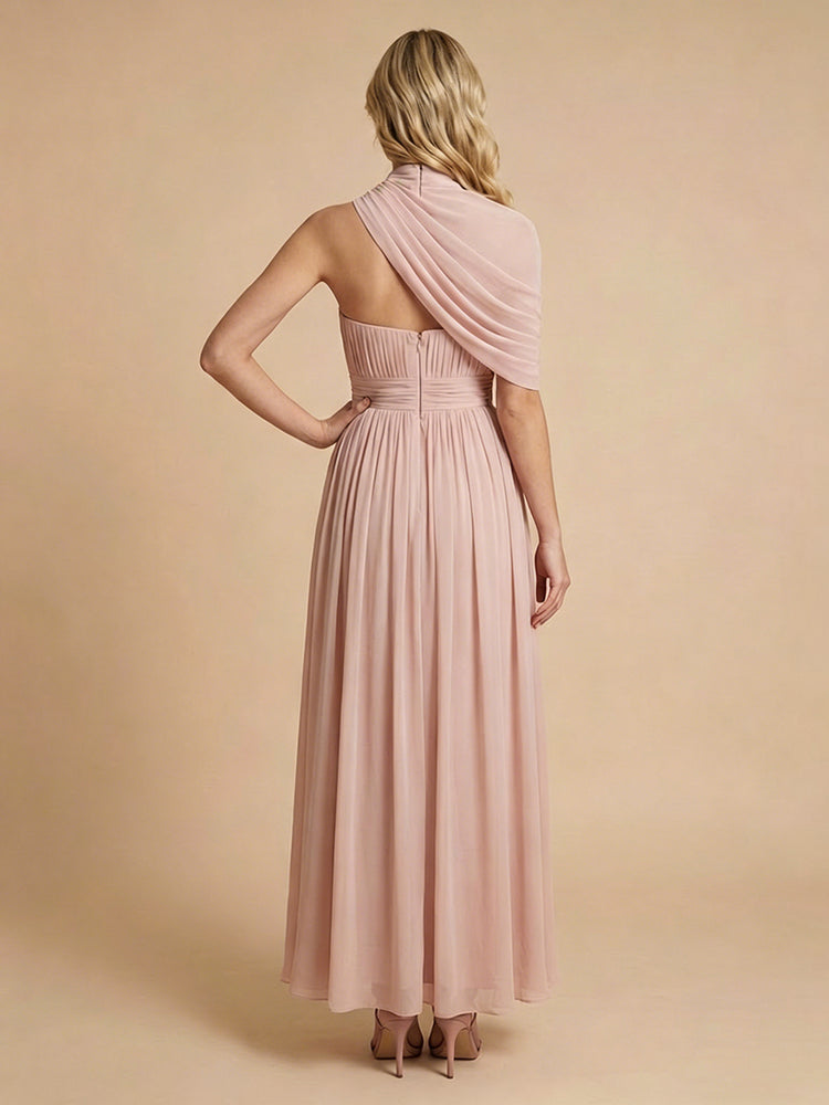 Chiffon A-Line High-Neck Asymmetric Long Bridesmaid Dresses with Pleats