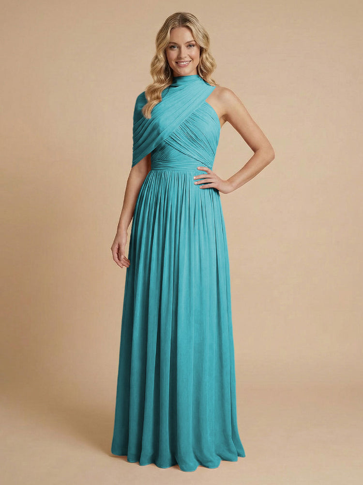 Chiffon A-Line High-Neck Asymmetric Long Bridesmaid Dresses with Pleats