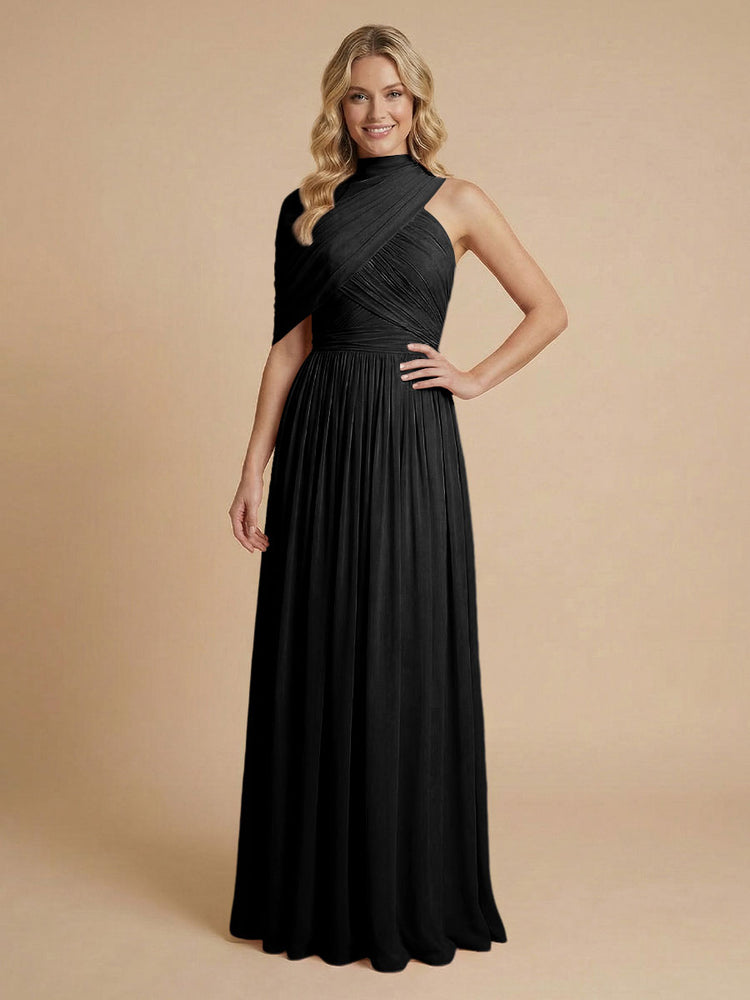 Chiffon A-Line High-Neck Asymmetric Long Bridesmaid Dresses with Pleats