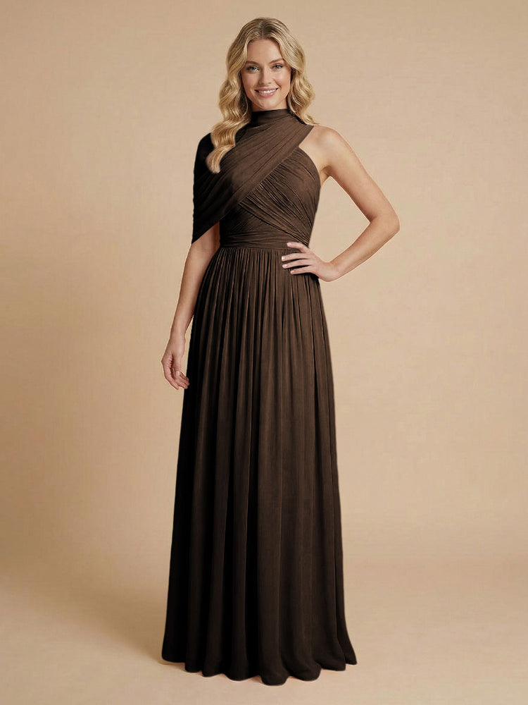 Chiffon A-Line High-Neck Asymmetric Long Bridesmaid Dresses with Pleats