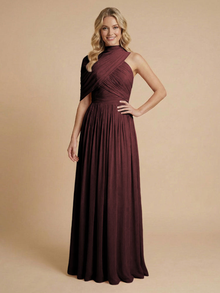 Chiffon A-Line High-Neck Asymmetric Long Bridesmaid Dresses with Pleats