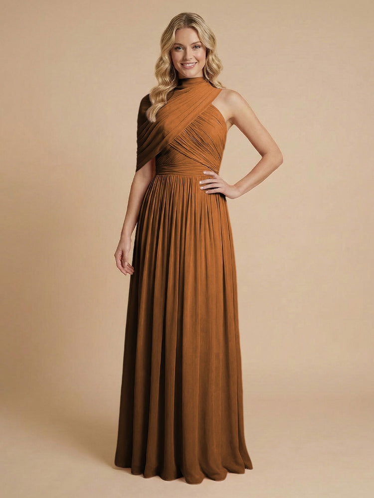 Chiffon A-Line High-Neck Asymmetric Long Bridesmaid Dresses with Pleats