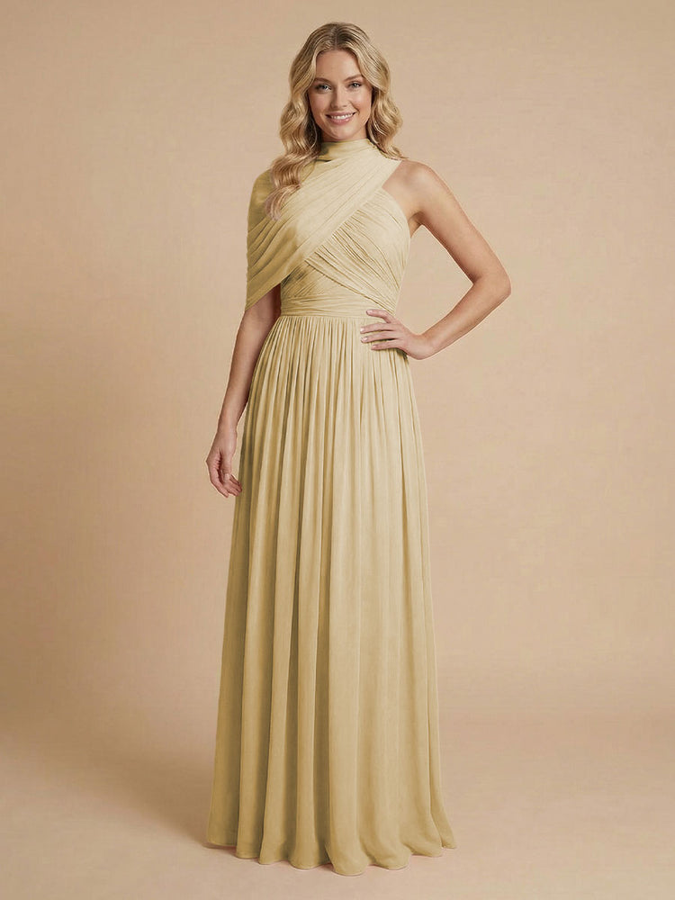 Chiffon A-Line High-Neck Asymmetric Long Bridesmaid Dresses with Pleats