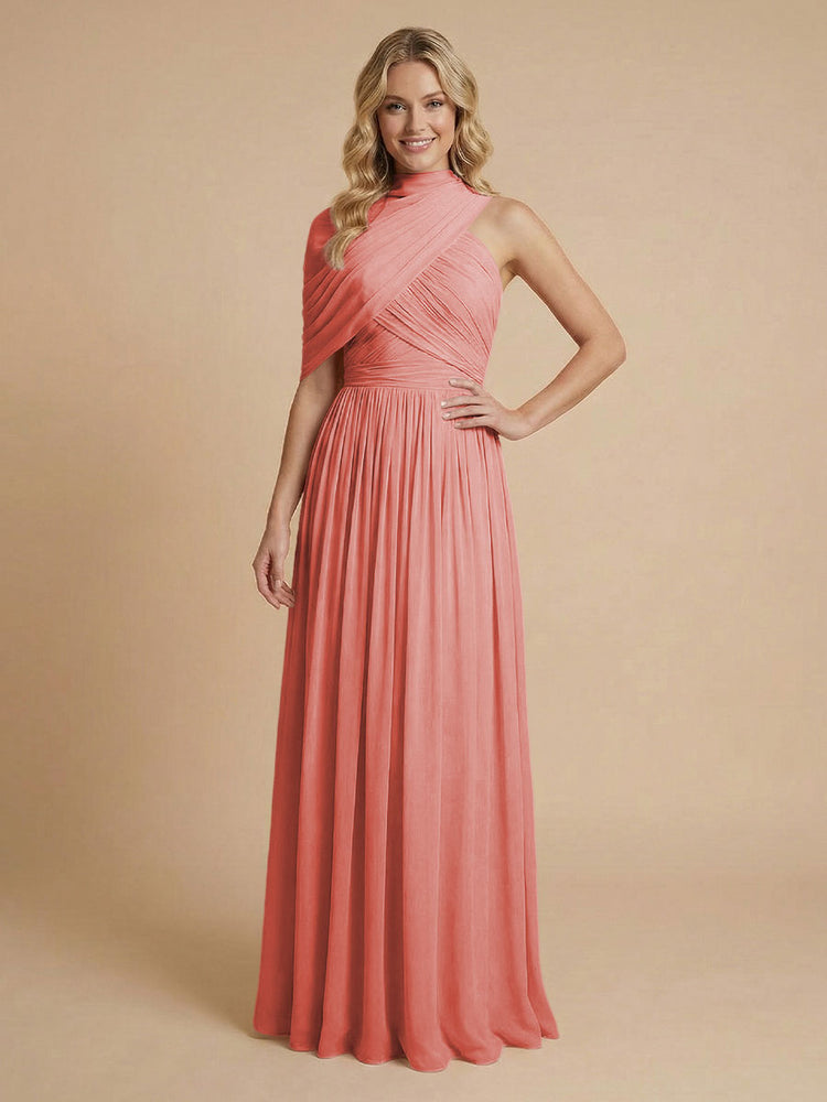 Chiffon A-Line High-Neck Asymmetric Long Bridesmaid Dresses with Pleats