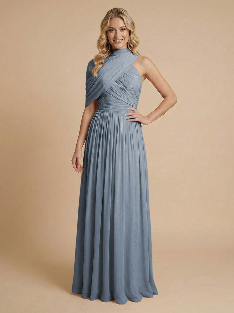 Chiffon A-Line High-Neck Asymmetric Long Bridesmaid Dresses with Pleats
