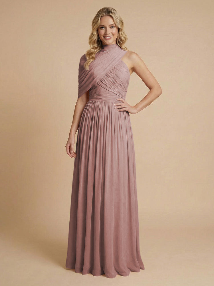 Chiffon A-Line High-Neck Asymmetric Long Bridesmaid Dresses with Pleats