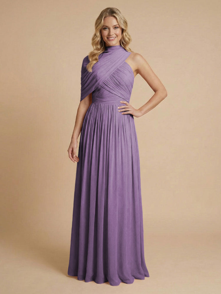 Chiffon A-Line High-Neck Asymmetric Long Bridesmaid Dresses with Pleats