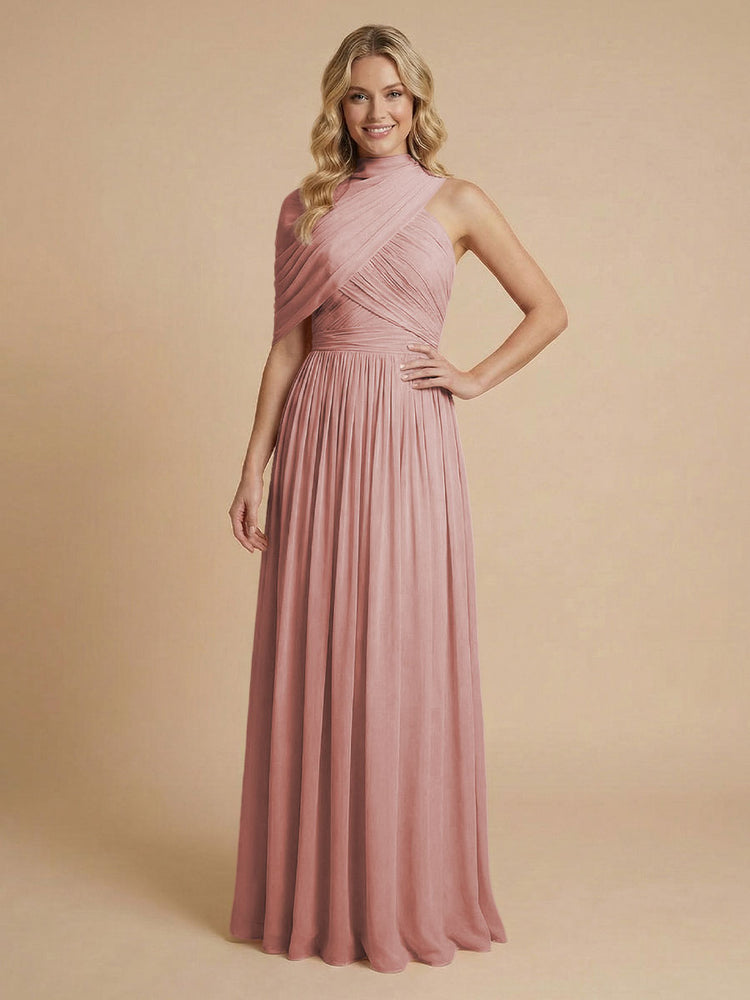 Chiffon A-Line High-Neck Asymmetric Long Bridesmaid Dresses with Pleats