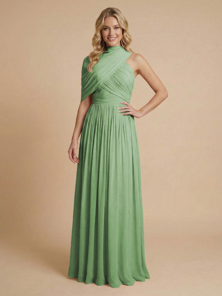 Chiffon A-Line High-Neck Asymmetric Long Bridesmaid Dresses with Pleats