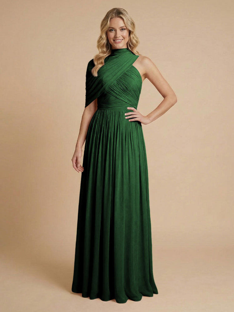 Chiffon A-Line High-Neck Asymmetric Long Bridesmaid Dresses with Pleats