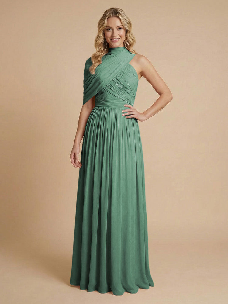Chiffon A-Line High-Neck Asymmetric Long Bridesmaid Dresses with Pleats
