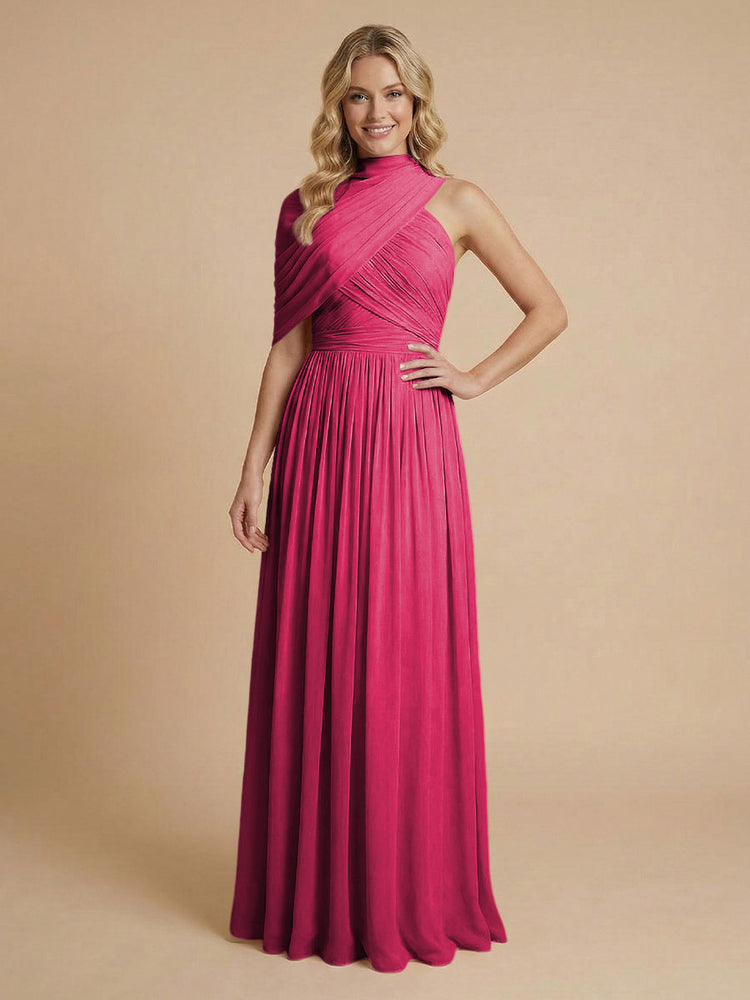 Chiffon A-Line High-Neck Asymmetric Long Bridesmaid Dresses with Pleats