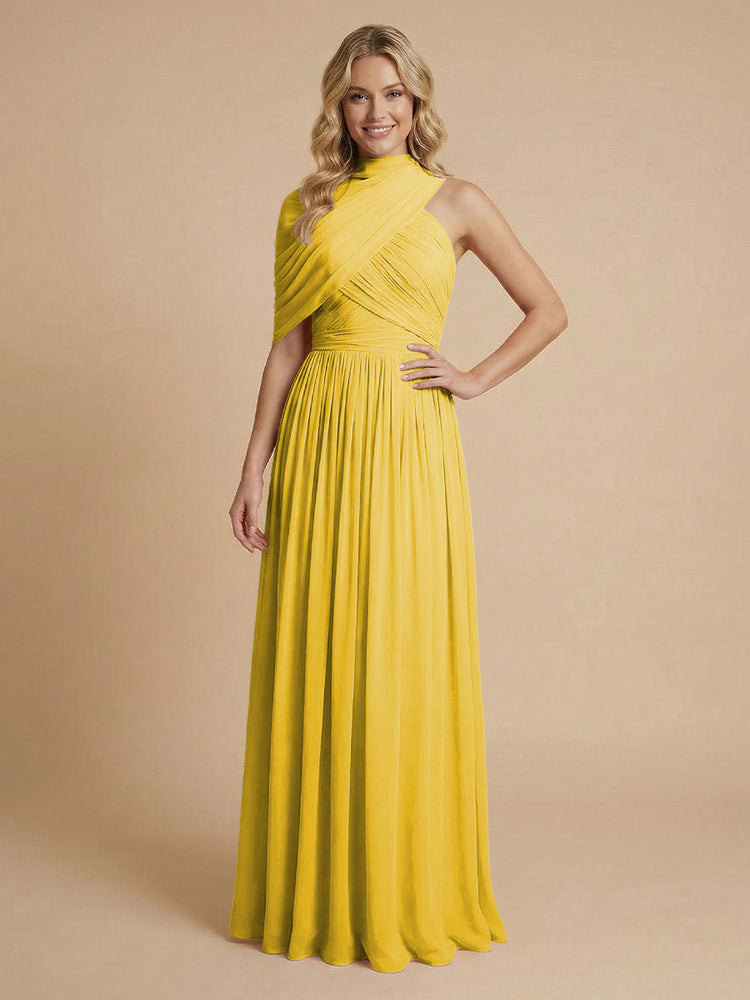 Chiffon A-Line High-Neck Asymmetric Long Bridesmaid Dresses with Pleats